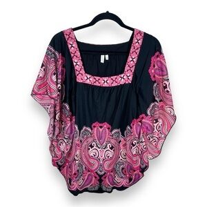 LARGE MADISON BLACK PINK PAISLEY BLOUSE RHINESTONE SHORT SLEEVE BOHO GLAM